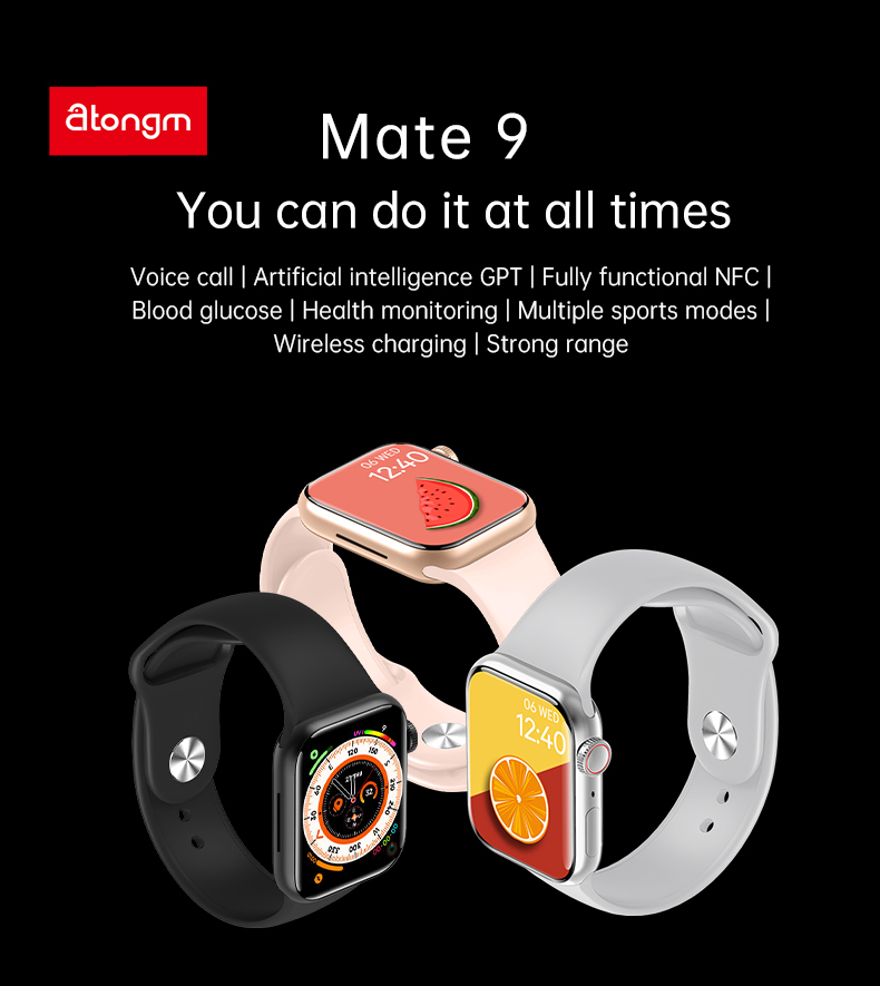 atongm Mate 9 Smart Watch 2,2 düym Səsli Axtarış, Ürək dərəcəsi, Qan Oksigen Səviyyəsi, İdman Rejimi və AI GPT Dəstəyi ilə 