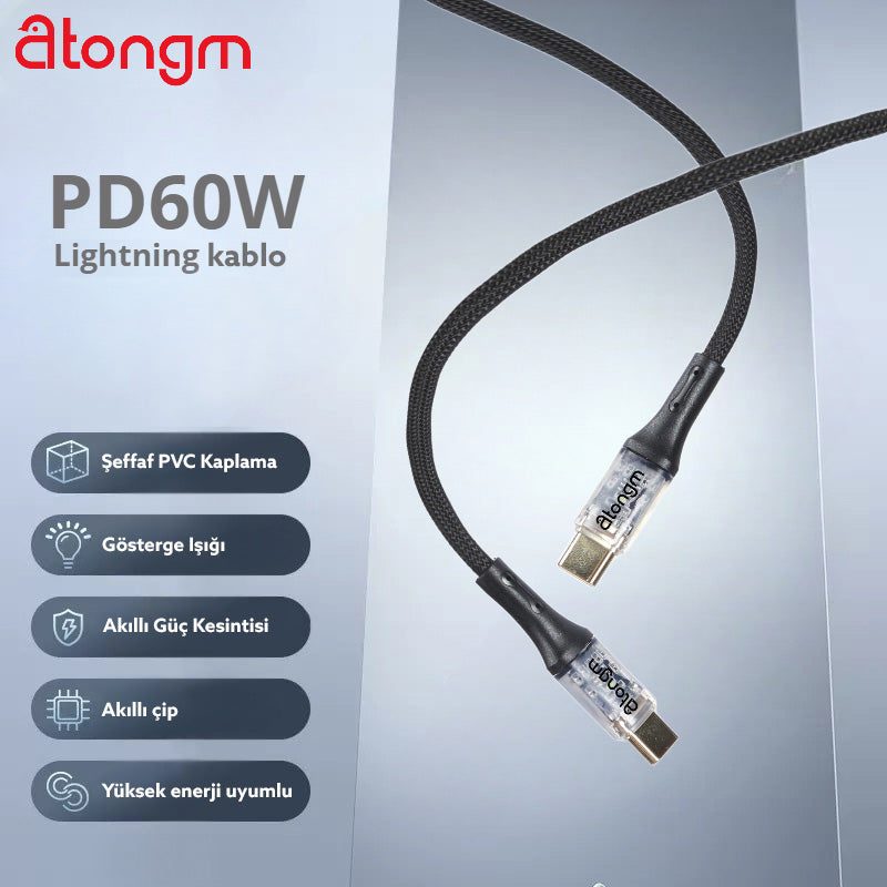 atongm type-c to type-c şəffaf kabel 9A/60W Sürətli doldurma kabeli Örgülü qırılmaz kabel (Smart Chip Texnologiyası ilə)