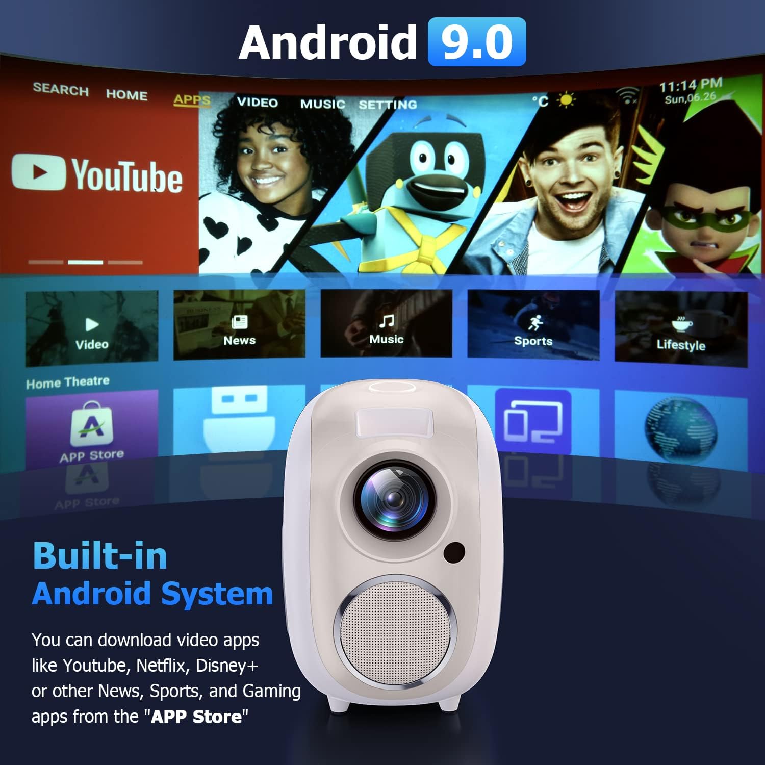 atongm 4k Proyektor Wi-Fi və Android 9.0 ilə Bluetooth, 12000 Lumen Portativ Video Proyektor, Full HD 1080P 4K Smartfonla Uyğundur