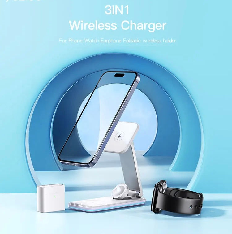 atongm high quality magnetic 3 in 1 foldable desktop wireless charger for apple watch and airpods