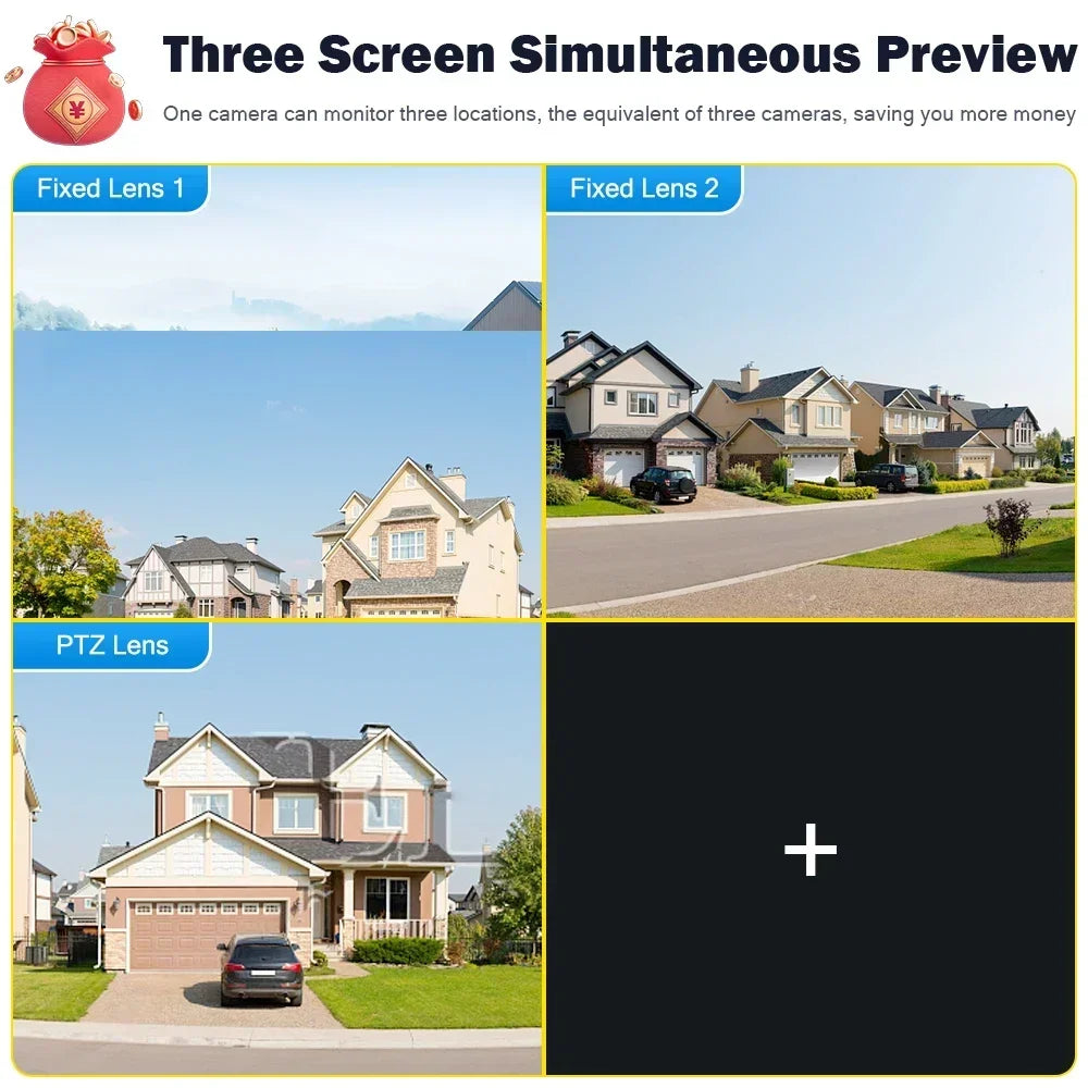 كاميرا WIFI خارجية تتبع تلقائي إنذار ذكي ثلاث عدسات ثلاث شاشات مقاومة للماء 6K PTZ للمراقبة بالفيديو CCTV